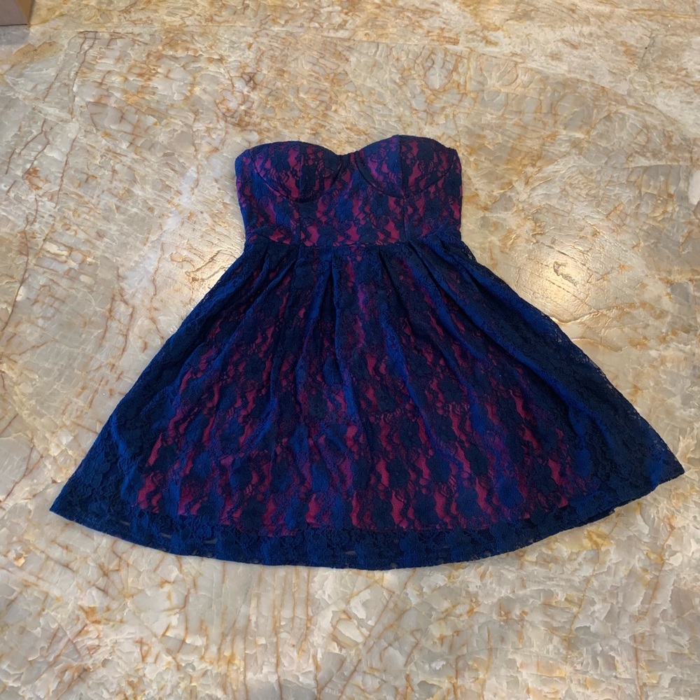 Blue and pink strapless lace dress